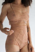 Longline Sweet Heart Spaghetti Strap Lace Bralette in Sheer Light Brown Terracotta Fern Patterned Lace