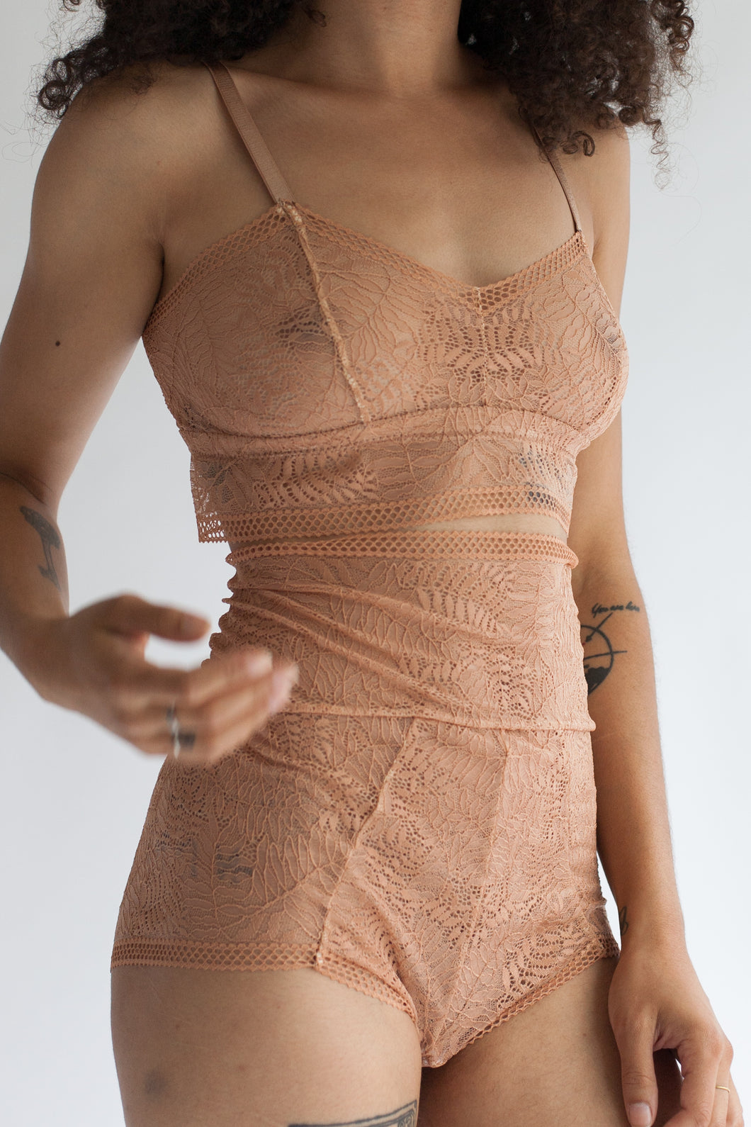 Longline Sweet Heart Spaghetti Strap Lace Bralette in Sheer Light Brown Terracotta Fern Patterned Lace