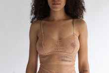 Longline Sweet Heart Spaghetti Strap Lace Bralette in Sheer Light Brown Terracotta Fern Patterned Lace