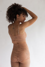 Longline Sweet Heart Spaghetti Strap Lace Bralette in Sheer Light Brown Terracotta Fern Patterned Lace