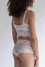 Longline Sweet Heart Spaghetti Strap Lace Bralette in Sheer White Floral Stretch Lace