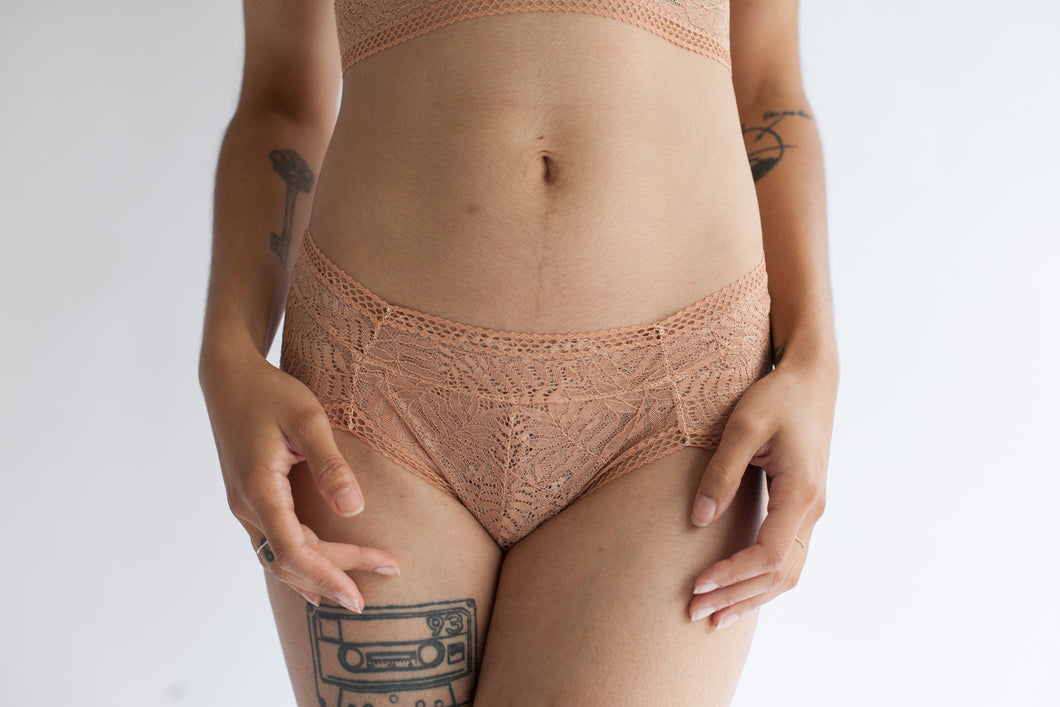 Low Rise Lace Brief in Sheer Fern Print Light Brown Terracotta Color